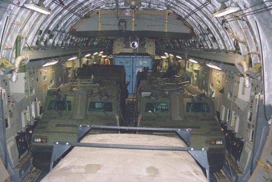 Two Vikings inside a C-17 transport aircraft.