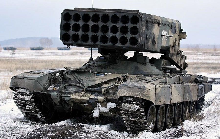 Soviet-made TOS-1 220mm 24-barrel multiple rocket launcher mounted on T-72. Credit: Wikimedia