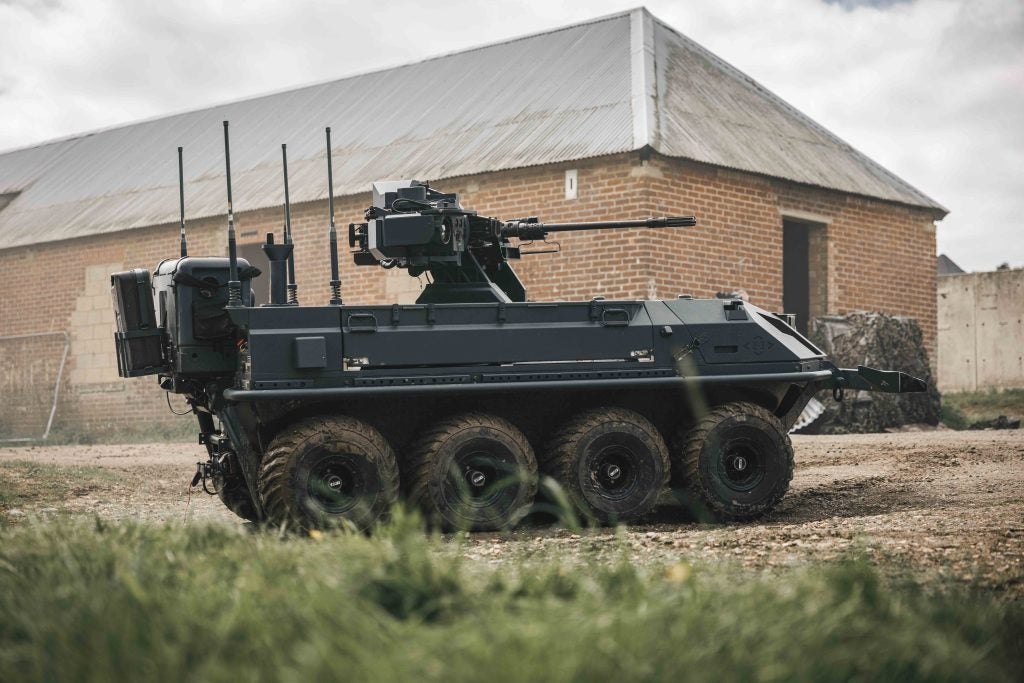 An unmanned vehicle mounted with a .50 caliber machine gun deployed during exercise WESSEX STORM at the Salisbury Plain training ground.  Photo by Corporal Nathan Tanuku / MOD UK © Crown Copyrigһt 2023, MOD News Licence.