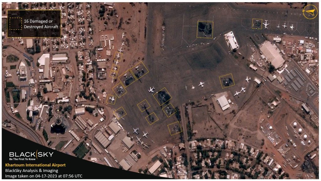 Khartoum International Airport with destroyed aircraft, on 17 April, 2023. Image courtesy of BlackSky.
