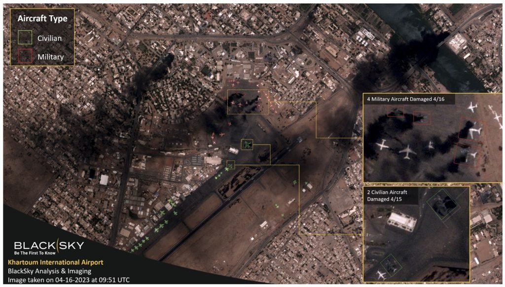 Khartoum International Airport with destroyed aircraft, on 16 April, 2023. Image courtesy of BlackSky.