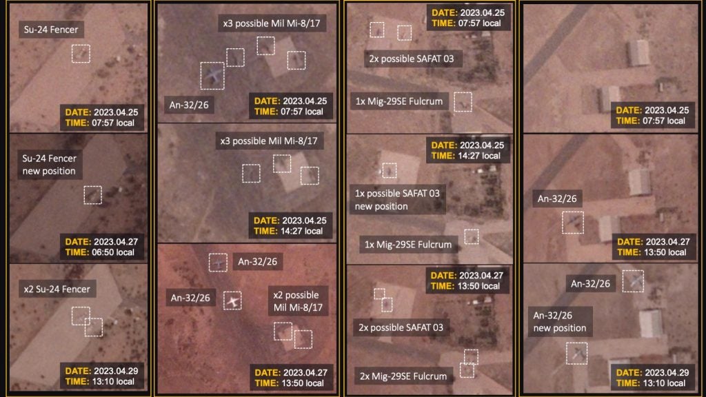 SAF military planes and helicopters on the SAF Apron. Each column is a different location on the apron. Each row is a different date. Images courtesy of BlackSky.