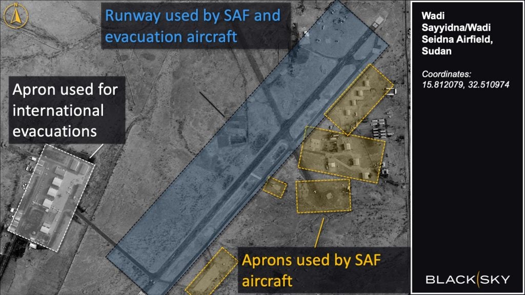 The Wadi Seidna Airfield with different aprons highlighted for international evacuation flights and for use by the  SAF military flights. Image courtesy of BlackSky.